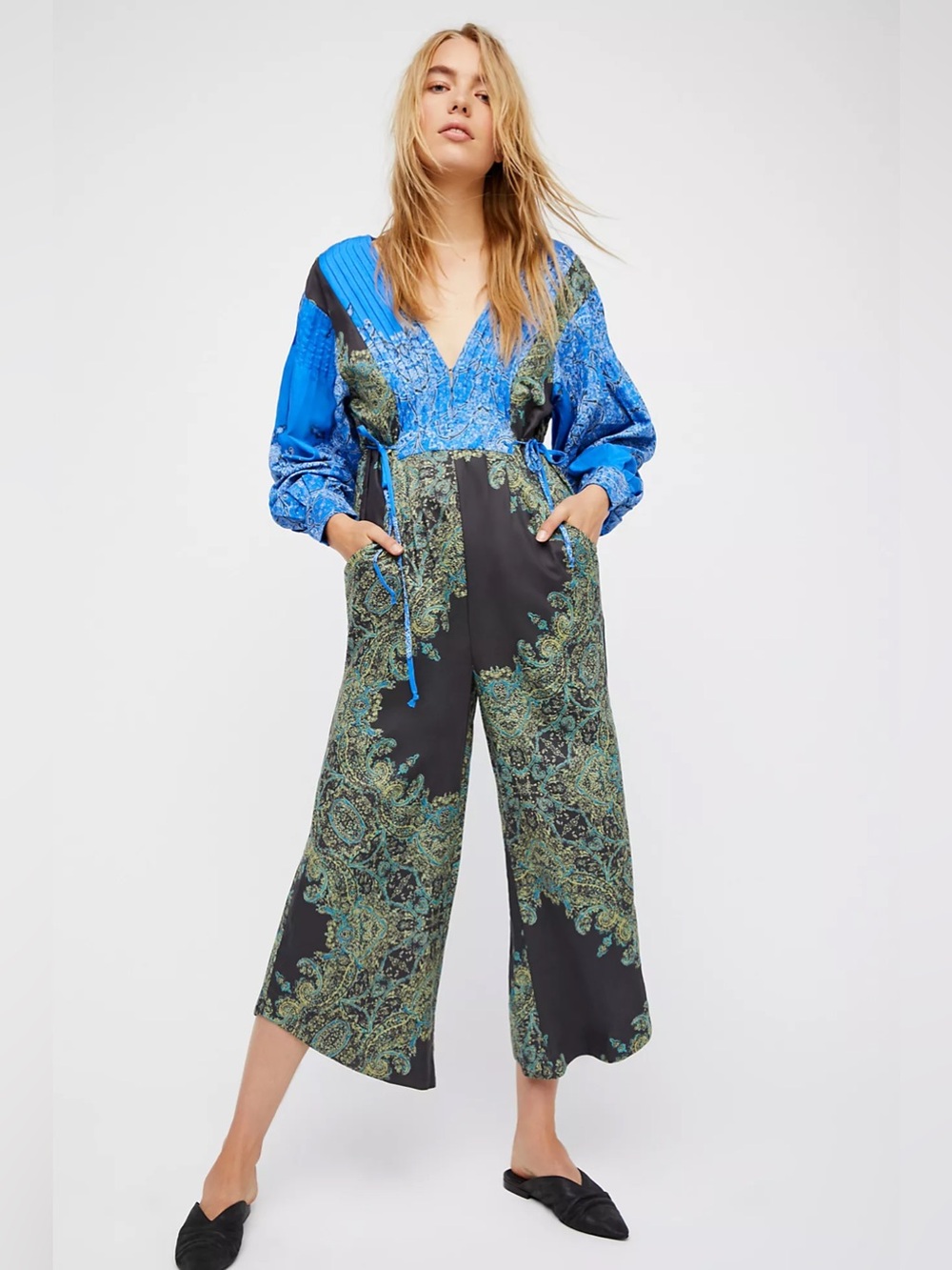 Free People Blooming Fields Playsuit Jumpsuit Small Paisley Print Green Linen